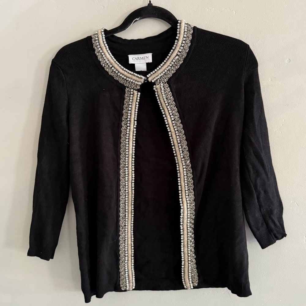 Carmen Marc Valvo Black Cardigan with Beaded Trim